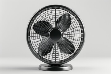 A black fan with three blades sits on a white surface. Summer heat concept