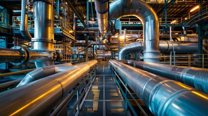 Symmetrical perspective of metallic pipelines in an industrial plant. Industrial symmetry and engineering concept