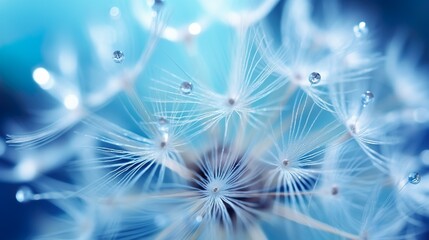 Macro shot highlighting the intricate details of dandelion seeds interlaced with crystal clear water droplets on a blue backdrop
