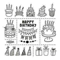 Hand drawn Happy birthday doodle set, cake with candles, garlands, party hat, and gift boxes