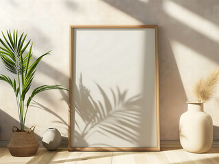 Blank picture frame with white background hanging or leaning against a wall. Perfect for mockups. Minimalist style