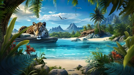 An artistically composed image of a leopard resting on a rock with clear blue ocean and lush landscape in the background