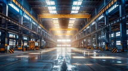 Empty industrial warehouse interior with yellow lifting crane.