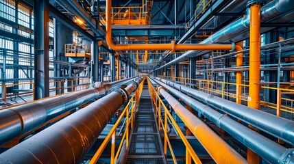 Industrial pipelines in a manufacturing plant. Interior of a modern industrial factory with yellow and silver pipes. - obrazy, fototapety, plakaty