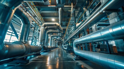Silver industrial pipelines along the corridor of a manufacturing plant. - obrazy, fototapety, plakaty