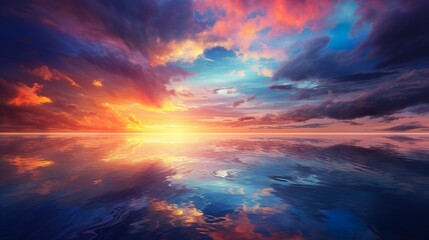 Striking image exhibiting the serene ocean beneath a dramatic sky painted with fiery sunset hues, reflecting on gentle waters - obrazy, fototapety, plakaty