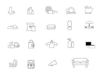 Conjunto de iconos o símbolos de supermercado en blanco y negro de ropa, deporte, tecnología, limpieza, muebles y comestible para logotipo, app y sitio web con fondo blanco.