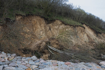 Sturmschäden an der Steilküste mit abgetragenem Stein Wall und Hang Abbrüchen mit abgestürzten Bäumen.
