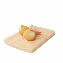 Rendering of onions on rustic cutting boardA 3D illustration of fresh onions on wooden cutting board