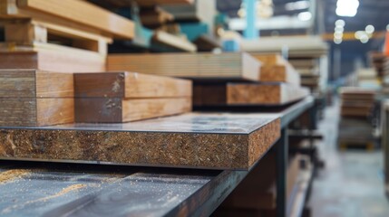 Close-up view of cut wood pieces and particle board materials on a workbench in a woodworking shop.