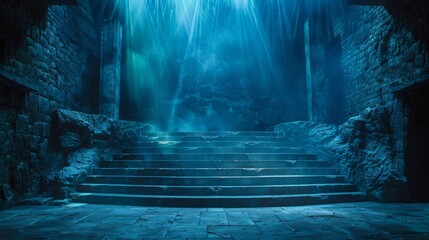 Ancient stone stairs with mystical blue lights