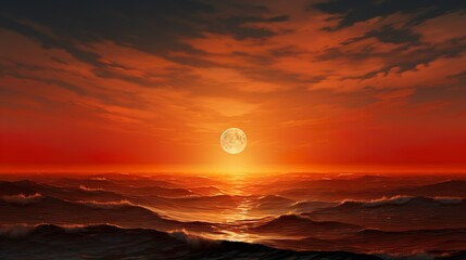 Majestic full moon illuminating a vivid red sky above turbulent ocean waves