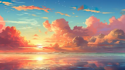 A serene dusky beach atmosphere featuring reflections of colorful clouds and the sight of shooting stars