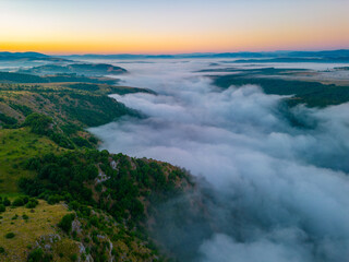 Morning mist over meanders of Uvac river in Serbia