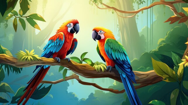 A pair of parrots amid tropical greenery, their radiant colors adding vibrancy to the natural setting.