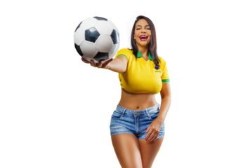  Portrait of beautiful smiling brazilian girl with soccer ball, isolated on free png background.