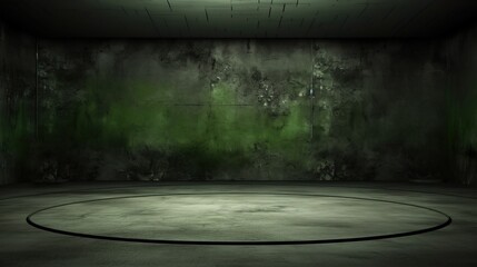 A dark, moody image featuring a central circular mark on the ground in a room with green mold-covered walls