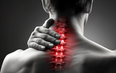 Neck pain, sciatica and scoliosis in the cervical spine, chiropractor treatment concept, painful area highlighted in red - obrazy, fototapety, plakaty