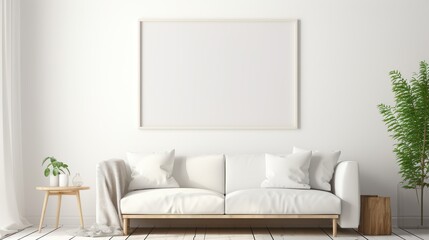 A cozy living room setup featuring a blank framed art piece above a plush white sofa surrounded by minimalistic decor Perfect space for relaxation