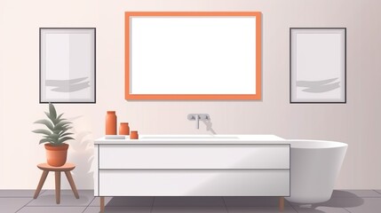 A modern bathroom featuring a sleek white vanity and bathtub, with a vibrant orange frame adding a bold contrast to the neutral tones