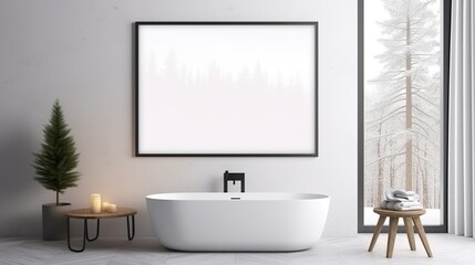 A serene bathroom setting with a large wall framed image overlooking a snowy pine forest, coupled with a modern freestanding tub and minimalist decor