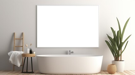 Fototapeta na wymiar Clean and elegant white bathroom with a deep tub, small furniture, and an empty wall frame for art