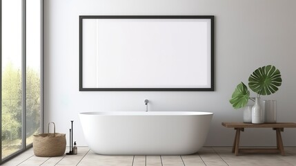 Light-filled bathroom with a spacious layout, an empty frame awaiting art, and a standalone bathtub providing a peaceful retreat - obrazy, fototapety, plakaty