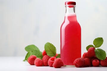 Bottles of fresh raspberry juice and berries lie on a white background isolated