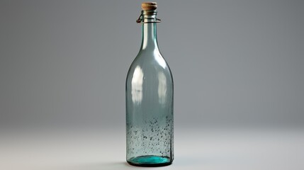 A 60-character antique-style turquoise glass bottle with tiny bubbles, placed against a seamless gray backdrop