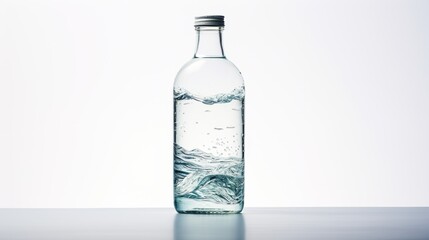 A transparent water bottle filled with liquid displaying an intricate wave pattern suggesting movement and purity