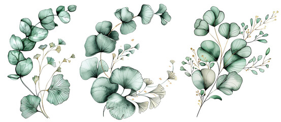 a set of compositions, bouquets of watercolor eucalyptus and ginkgo leaves with gold elements.