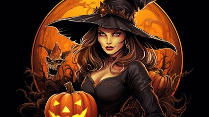 Young and pretty, the witch dons a black costume, holding a carved pumpkin in this spooky holiday drawing.