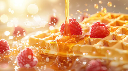 Belgium waffles breakfast with fresh raspberries and maple syrup jet with splashes and drops floating in the air Food photography - obrazy, fototapety, plakaty
