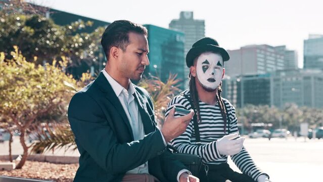 Businessmen, phone call and cellphone with street mime in downtown New York for conversation. Entrepreneur, men and artistic in outdoor with smartphone for communication in city with funny face musk