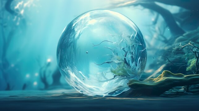 A dreamlike image displaying a crystal ball underwater amongst twisted roots and a faint glow, invoking a sense of mystery and wonder