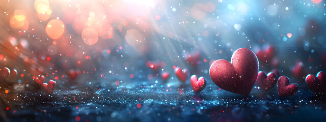Abstract Valentine's Day background with red hearts and blurred bokeh lights, ideal for festive love concept banners and decorations.