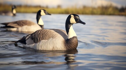 Obraz premium Two Canadian geese glide peacefully on calm waters with reflections and subtle ripples, showcasing the beauty of wildlife