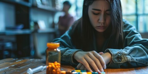 Anti drug, drug addict asian young woman, girl hand reaching for syringe, medicament with narcotic on table at home, abuse overdose. - obrazy, fototapety, plakaty