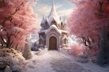 Amidst a snowy embrace, a fairy-tale house stands, creating a serene winter day in a picturesque forest. - obrazy, fototapety, plakaty