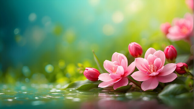 Pink lotus flowers in full bloom daintily float on calm waters against an ethereal blue backdrop