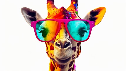 A vibrant digital art piece featuring a giraffe wearing funky sunglasses, evoking a fun and contemporary mood