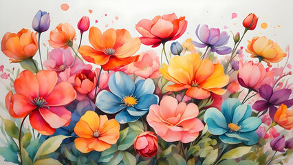 A beautifully expressive and vibrant watercolor painting featuring a diverse array of blooming flowers - obrazy, fototapety, plakaty