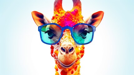 Pop art style image of a giraffe's face with stylish sunglasses, symbolizing playfulness and novelty