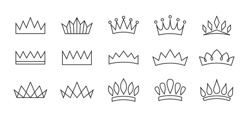 Vector set of linear crowns isolated on white background. Outline crown pictogram collection for mobile app and web site design - obrazy, fototapety, plakaty