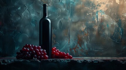 Dark wine bottle beside red grapes on turquoise backdrop. - obrazy, fototapety, plakaty