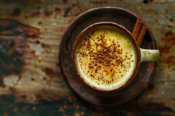 Turmeric latte served in a ceramic cup, top view with a sprinkle of cinnamon, artistic and inviting, deep yellows and rustic backdrop