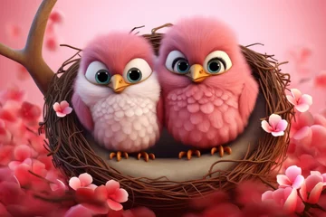 Fotobehang Whimsical portrayal of love: two birds in a twisted nest adorned with flowers, creating a joyful scene for Valentine's Day. © ProPhotos