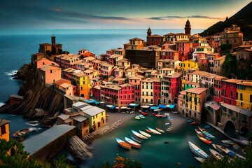 A cinematic shot of Vernazza village at golden hour, with its vibrant houses and tranquil sea, captured in full ultra HD resolution - obrazy, fototapety, plakaty