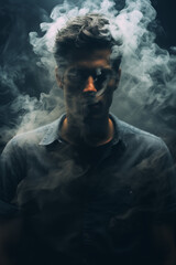 Portrait of a man fading and dissolving into the smoke dark background. Closed eyes. Praying and supernatural mood. Ghostly Also related to despondent, blue, tedium, emptiness, heavy hearted, unwanted