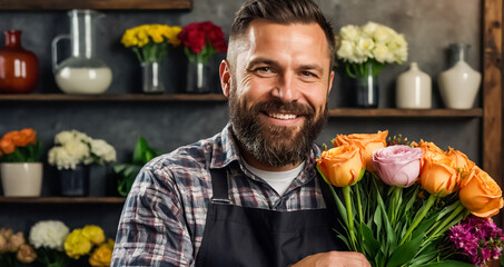 Portrait of a smiling male florist in a flower shop - obrazy, fototapety, plakaty